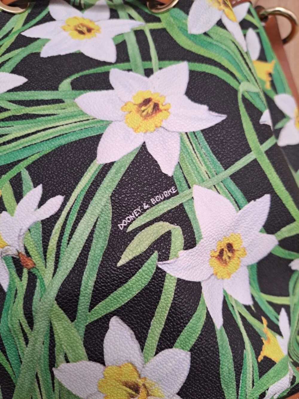 Dooney & Bourke Daffodil Tassel Drawstring Bucket Bag Purse Floral Leather Trim